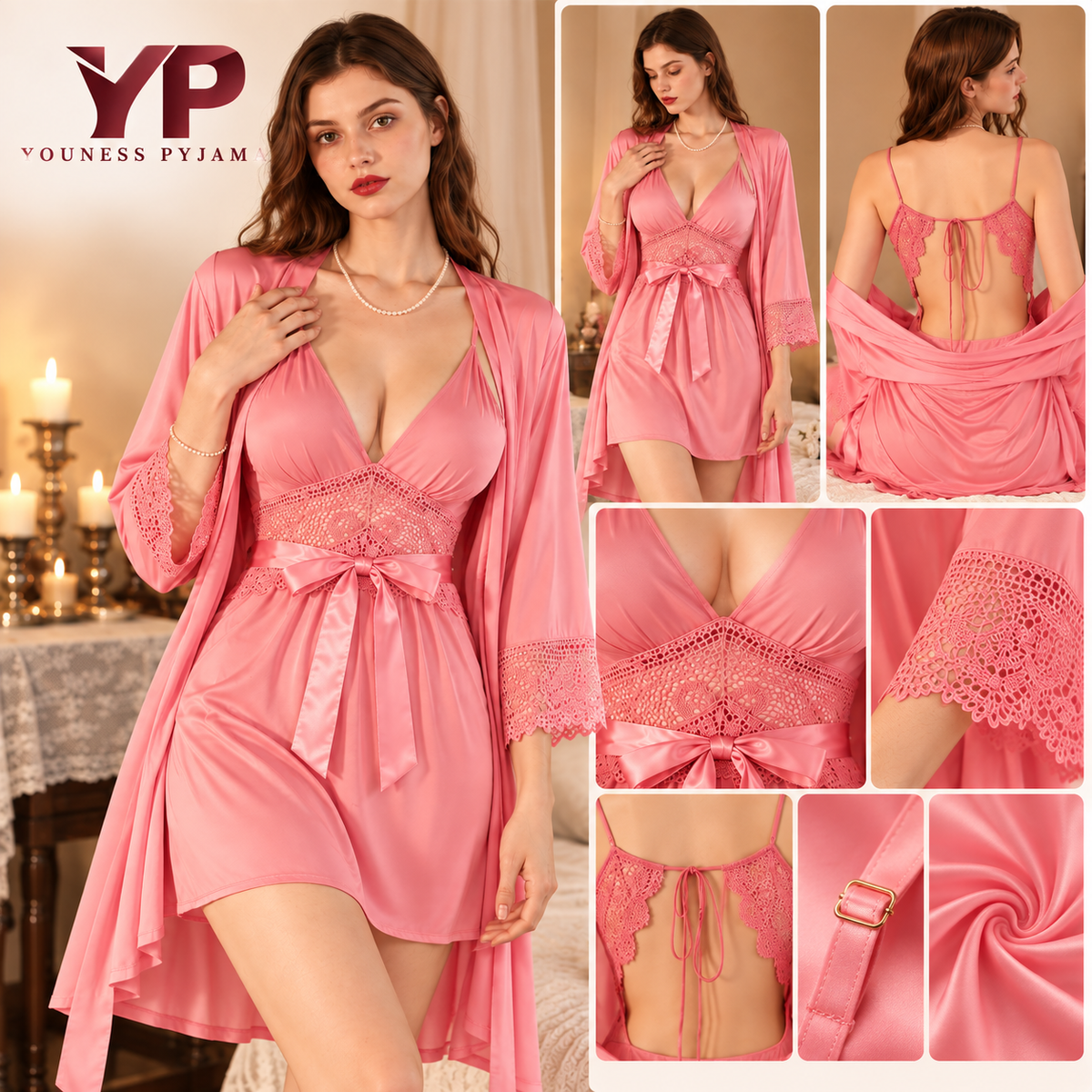 Nuisette Satin & Kimono Dentelle – Réf. 2402-K