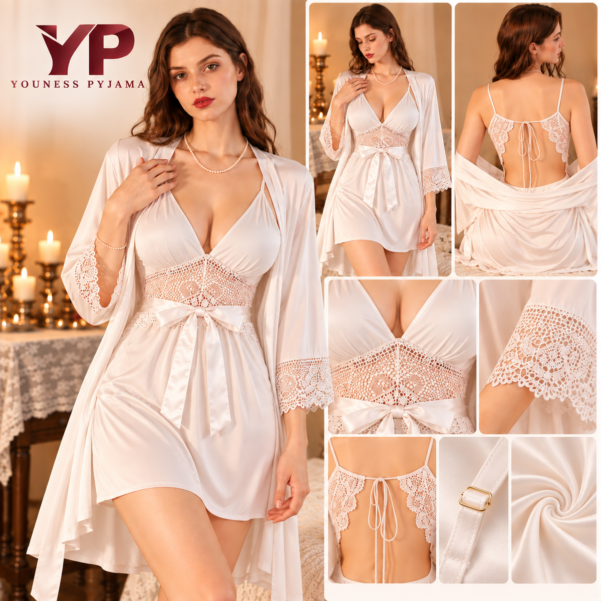 Nuisette Satin & Kimono Dentelle – Réf. 2402-K